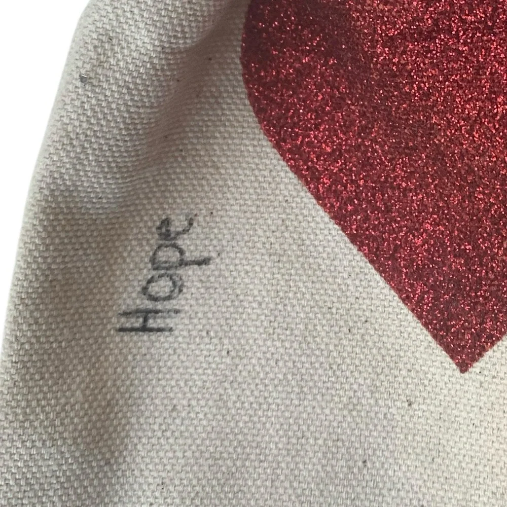 Red Sparkly Heart Canvas Draw String Gift Bag “HOPE” Graphic 4.75” X 6” Jewelry